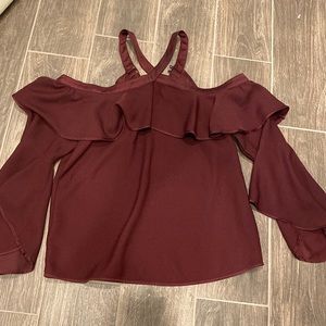 Purple off the shoulder Loft ruffle blouse, size XS.